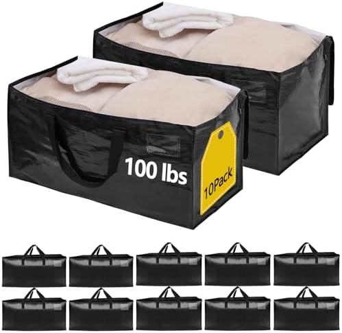 10 Pack Waterproof Moving Storage Bags, 100lbs Extra Large Heavy Duty Totes with Reinforced Handles & Strong Zippers, Reusable Moving Box Alternative for Packing Moving Household Storage, 95L, Black by Demiwise