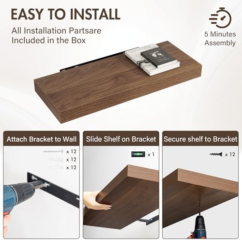 Acovy 30 Inch Floating Shelves, 12" Deep Floating Shelf Wall Mounted, 30" Wall Shelves, Rustic Deep Bookshelf, Extra Deeper & Thicker Display Shelves for Bedroom, Living Room, Walnut, Set of 2 - Image 6