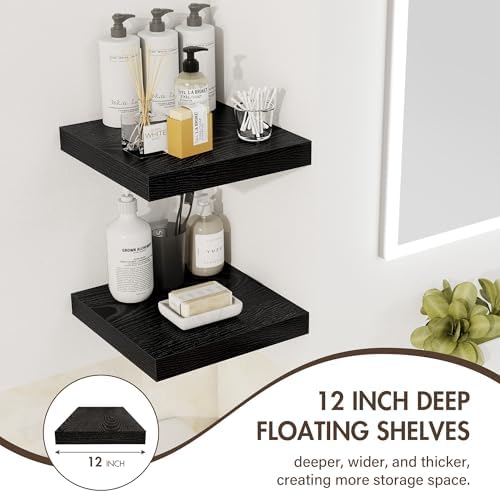 Acovy 12 Inch Floating Shelves, 12" Deep Floating Shelf Wall Mounted, 12" Wall Shelves, Rustic Deep Bookshelf, Extra Deeper Display Shelves & Storage Shelves for Bedroom, Living Room, Set of 3 - Image 5