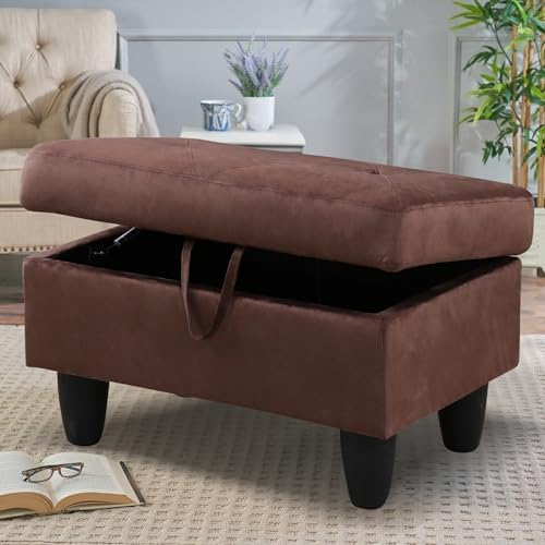 28.5'' Ottoman with Storage, Flannel Ottoman Foot Rest for Living Room Upholstered Footstool, Perfect Storage Ottoman Bench Bag Floor Chair for Bedroom or Entryway, Chocolate by SumKeaVideoSewerCameraSystem
