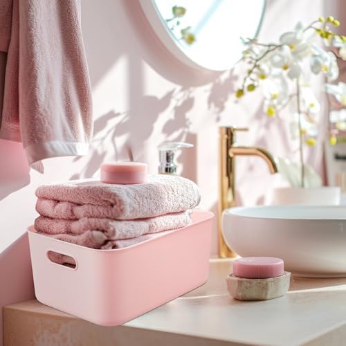 Hoolerry 8 Pieces Storage Bins, 13.8 x 9.8 x 5.9 Inch, White and Pink - Image 6