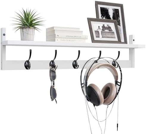 BAMEOS Wall-Mounted Wood Shelf with 5 Dual Hooks for Bathroom, Living Room, Bedroom (White-with Shelf) - Image 7