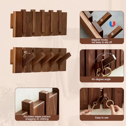 Coat Rack Wall Mount, Walnut 5 Flip-Down Picket Hanger Hooks for Entryway - Image 4