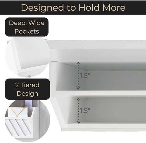 BLU MONACO | Wall Mount Key Holder with Mail Organizer | Wooden Command Center with 3 Hooks and 2-Tier Letter Pockets | Entryway Mail Sorter & Key Rack | White Geometric Wall Organizer for Office Home - Image 3