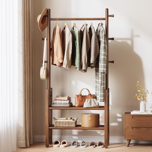 Yoobure Solid Wood Clothing Rack with Shelves - Coat Rack Freestanding with 6 Hooks, 3-in-1 Hall Tree for Hanging Clothes, Tall Garment Racks with Storage for Bedroom, Entryway, Living Room, Closet by Yoobure