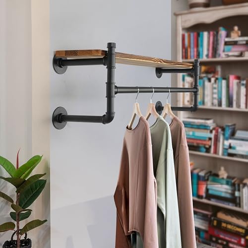 WEBI Wall Mounted Clothes Rack with Shelf,41.3" Long Industrial Pipe Clothing Rack with Shelves,Heavy Duty Iron Garment Rack Bar,Retail Display Clothes Rod for Clothes,Laundry Room,Black - Image 2