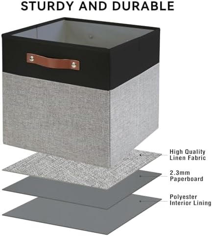 Bagnizer 13x15x13 Storage Cube Bins, Foldable Storage Organizer Baskets, Fabric Cube Storage Boxes with 2 Reinforced PU Handles for Kallax, Shelves, Living Room | 4 Pack, Black & Gray - Image 4