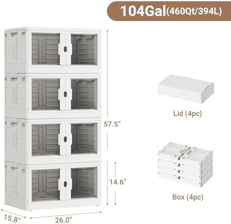 BROVIEW 460Qt Stackable Storage Bins with Lids & Wheels, 4-Pack Large Plastic Collapsible Latching Boxes, Closet Organizers and Storage Cabinet Shelves, for Home Garage Office Organization, V7 White - Image 2