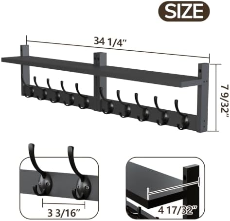 AMBIRD 34.2" Extra Long Wooden Wall Hook Rack with Shelf - Versatile and Decorative Wall-Mounted Storage with 10 Hooks for Coats, Hats, Keys - Ideal for Entryways, Bedrooms, Closets (Stylish Black) - Image 6