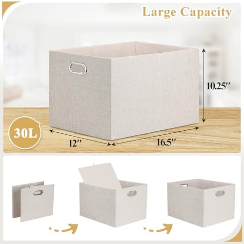 Posprica Closet Storage Bins, 4 Pack Large Closet Shelf Organizers, Linen Fabric Decorative Storage Baskets for Organizing, Foldable Storage Box for Clothes, 16.5x12x10.25 Inch (Beige) - Image 3
