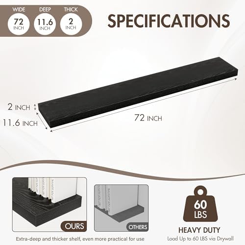 Acovy 72 Inch Floating Shelves, 12" Deep Floating Shelf Wall Mounted, 72" Wall Shelves, Rustic Deep Bookshelf, Extra Deeper & Thicker Display Shelves for Bedroom, Living Room, Set of 2 - Image 4