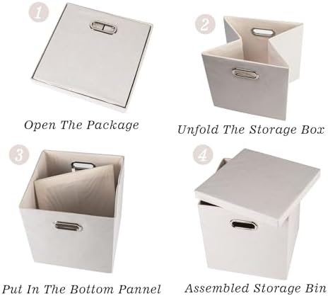 Storage Bins with Lids, Collapsible Linen Fabric Boxes Organizer Containers with Lid Foldable Storage Box Basket for Closet, Shelves, Home, Office, 12 x 12 x 12.4 Inch, 4 Pack, Beige - Image 3
