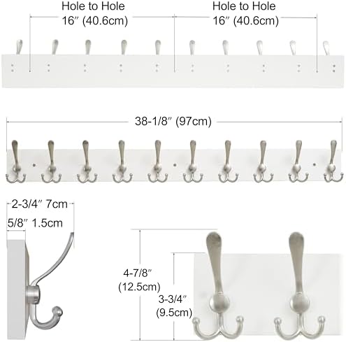 SKOLOO Creations White Solid Wood Wall Mounted Coat Rack, 10 Hooks, 38-1/8" Long - Kitchen, Mudroom, Entryway, Bathroom - Includes Mounting Hardware, Wall Coat Hanger, Towel Rack, Pack of 2 - Image 3