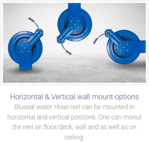 BLUSEAL BSWR5850 Retractable Hose Reel with 5/8" x 50' Hot Water Rubber Hose, 6' Lead-in, 500 PSI, Brass Fittings, Swivel Mount Hose Reel, 9 Pattern Spray Nozzle - Image 4