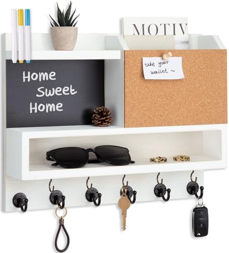 Key Holder for Wall Mount with Mail Organizer, Farmhouse Key Holder for Wall with Shelf, Chalkboard&Corkboard, Entryway Organizer 11 Metal Hooks, Decorative Natural Pine Wood, 14.6*11.1*3.3”, B-White by FIPUTE-MakesLifeEasier