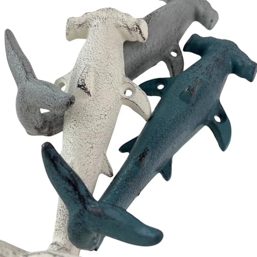 Set of 3 Hammerhead Shark Wall Hooks, 5 Inch Blue Gray White Cast Iron - Image 3