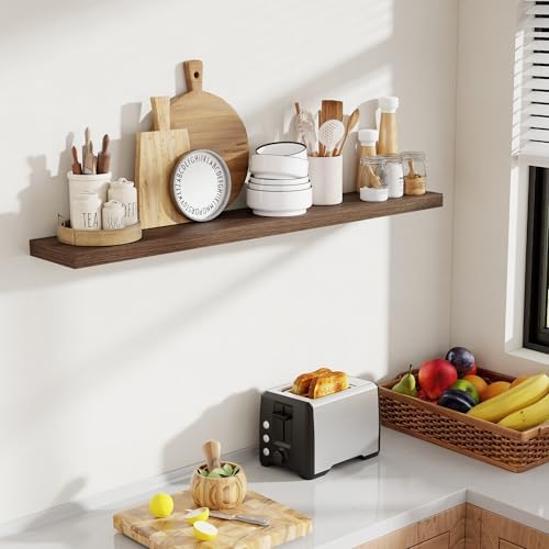 Acovy 48 Inch Floating Shelves, 8 Inch Deep Floating Shelves for Wall, Hanging Shelf with Invisible Brackets, Deep Shelves for Bathroom, Bedroom, Living Room, Walnut, Set of 1 - Image 2