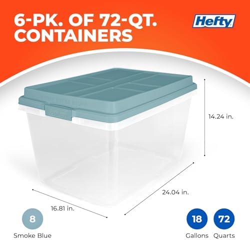 Hefty HI-RISE Stackable Storage Bins - Under Bed Storage Containers with Lids, Shoe Organizer, Plastic Storage Bins, Clear Shoe Boxes with XL Lid-Locking Latches, Durable Double Rim - 72qt (6 Pack) - Image 2