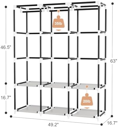 Portable Closet with Cover, 3 Hanging Rods and Side Pocket, Sturdy Free Standing Closet, White - Image 3