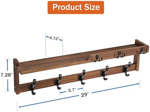 29'' Coat Rack Wall Mount with Shelf, Coat Hanger Wall Mount with Key Hooks and Mail Holder, Wood Entryway Floating Shelf with Hooks and Storage, Hat Rack for Wall Key Holder Mail Organizer - Image 6