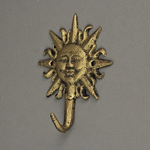 Zeckos Set of 3 Sun Face Wall Hooks, 6 Inch Gold Cast Iron - Image 5