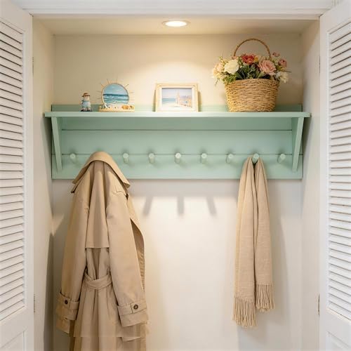 WEBI Coat Rack Wall Mount with Shelf,36" Long Entryway Wall Shelf with Hooks Underneath,9 Peg Hooks for Hanging Coats,Caps,Jacket,Clothes,Light Green - Image 6