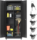 71''H Metal Garage Storage Cabinet with Wheels, Broom Cabinet with Lock by Yoonkool