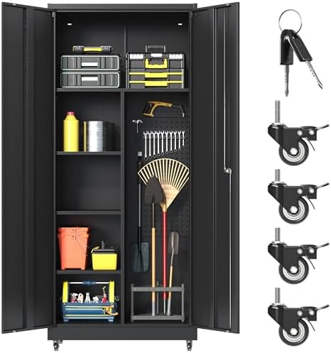 71''H Metal Garage Storage Cabinet with Wheels, Broom Cabinet with Lock by Yoonkool