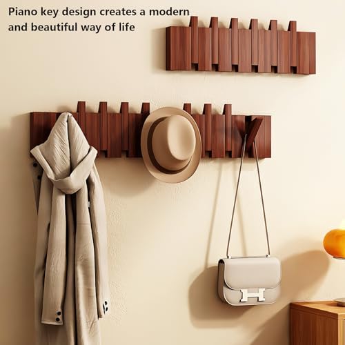 Paint Wood Wall Mounted Coat RackHooks Piano Key Hangers Natural Solid Wood Hanger Non-Woven Fabric Clothes Hangers for Closet, Kitchen, Bedroom, Bathroom, Entryway（Walnut 6 Hooks） - Image 5