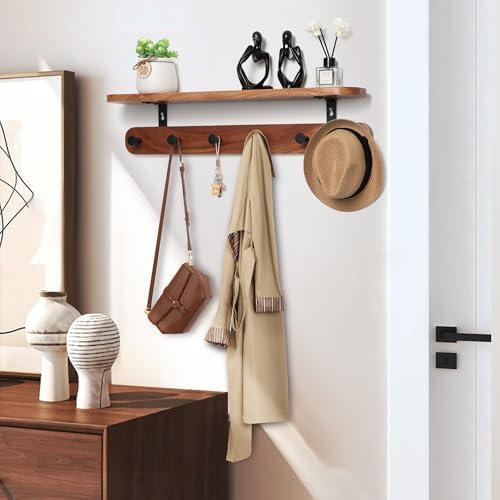 Coat Rack Wall Mount with Shelf, 22" Walnut Wood Wall Shelf with Hooks, Entryway Floating Coat Rack with 6 Metal Hangers for Coats, Backpacks, Living Room, Bedroom, Bathroom (Brown-22'' L) - Image 5