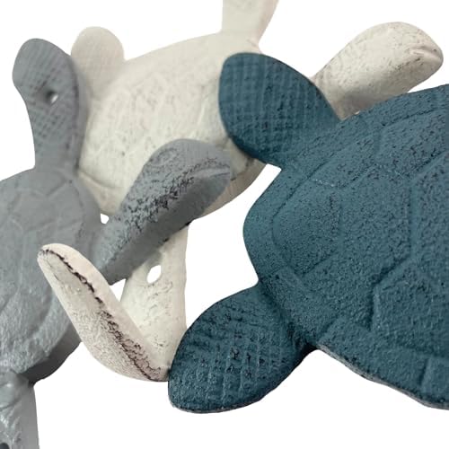 Zeckos Set of 3 Sea Turtle Wall Hooks, 5.75 Inch Blue Gray White Cast Iron - Image 3