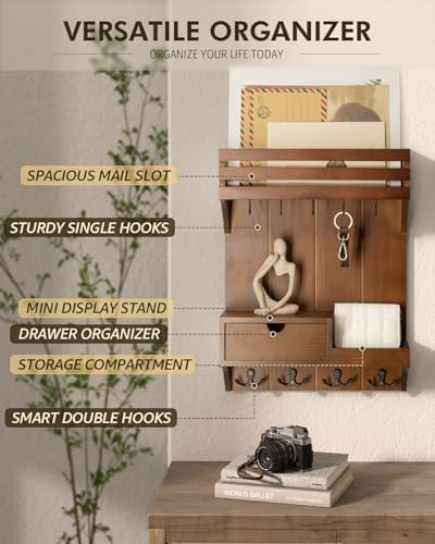Rebee Vision Key Holder Wall Mount with Drawer Organizer for Entryway,Brown - Image 4