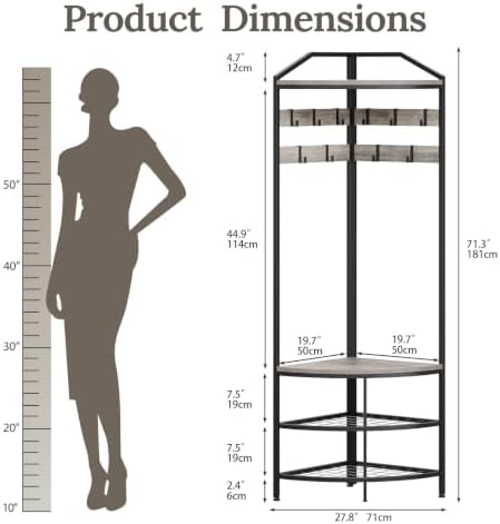 GiftGo Grey Corner Hall Tree with Shoe Bench Entryway Coat Rack with 10 Metal Movable Hooks Rustic Farmhouse Floorstanding Clothes Rack Shoes Shelf Organizer for Home Office Bedroom (Greige) - Image 3