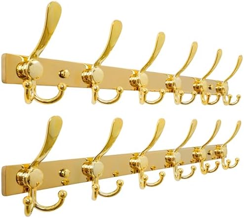 Dseap Coat Rack Wall Mount 24 Inch, Heavy Duty 12-Gauge Base vs Flimsy 1mm, Double-Thick Solid Anti-Snap Hooks, Stainless Steel 6-Hook Hanger for Clothes Hat Closet Entryway, Gold, Pack of 2 by Dseap
