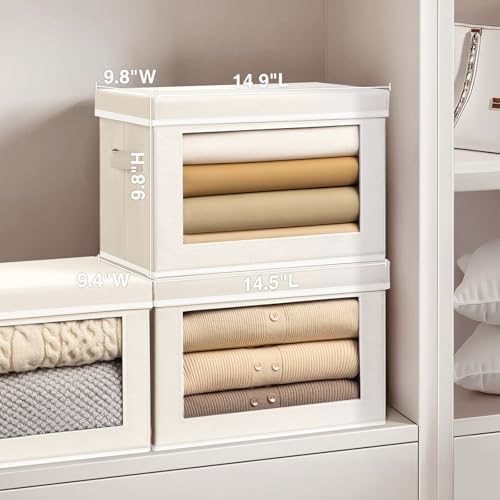 Homsorout Storage Bins with Lids - Medium Storage Box with Lids, Foldable Closet Boxes for Organizing, Stackable Clothes Organizer with Window, Cubes Bins for Living Room, 5 Pack, Beige - Image 3