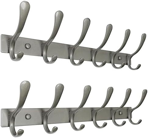 SKOLOO Coat Rack Wall Mounted - 6 Hooks, Pack of 2, Heavy Duty, Stainless Steel, Metal Wall Hanger, Sturdy Coat Hooks for Hanging Coats, Jacket, Clothes, Hat, Matte Grey by SKOLOO