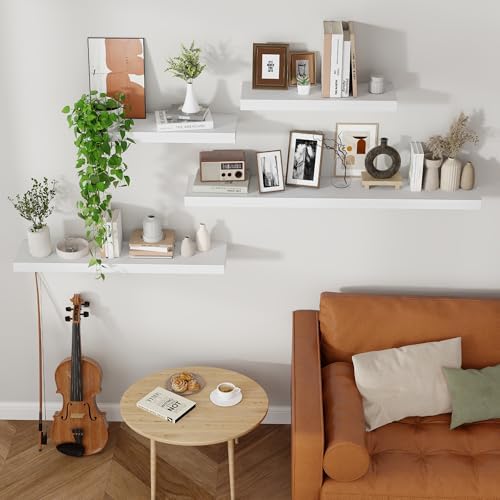 Axeman Floating Shelves, 8 Inch Deep Rustic Solid Wood Wall Shelves for Storage, Wall Mounted Display Shelving with Invisible Heavy-Duty Metal Bracket, 48" W x 8" D x 1.6" H, Distressed White - Image 5
