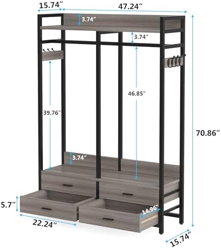 Tribesigns Freestanding Closet Organizer for Hanging Clothes, Heavy Duty Garment Rack with 4 Drawers, 8 Hooks and Storage Shelves, Wardrobe Closet Clothing Rack for Bedroom, Living Room, Grey - Image 6