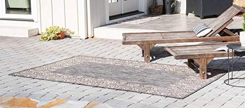 Unique Loom Outdoor Border Collection Area Rug - Floral Border (6' 1" x 9' Rectangle, Charcoal Gray/ Beige) - Image 2