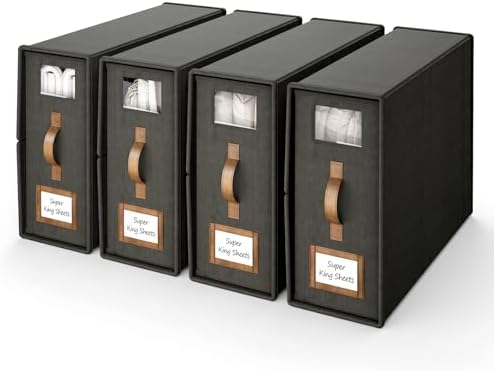 4 Pack Bed Sheets Organizers And Storage,Sheets Set Folder Keeper with Handle,Foldable Bedding Storage Box For Linen Closet,Duvet Cover(Cal King Size-5.2 Gal,Black) by BigPonPon