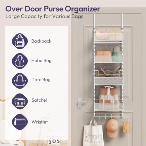 SWTYMIKI Over the Door Purse Organizer - Wall Mounted Purse Rack with 4 Adjustable Metal Basket and 6 Hooks, Hanging Bag Rack for Handbag Organizer, Bag Storage Can Use As 1/2 Part, for Door - Image 2