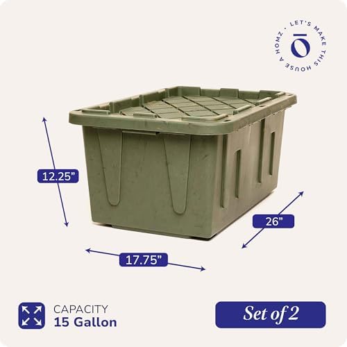 HOMZ 2-Pack Durabilt Tote, Heavy Duty Plastic Storage Bins with Lids, 15 Gallon, Green Camo - Stackable Organizing Containers for Home, Garage, and Office - Image 5