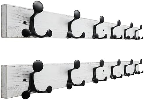 SKOLOO 36-Inch Wood Coat Rack Wall Mount with 6 Triple Hooks - Ideal for Family Entrances, Classrooms, and Pet Supplies Storage - Distressed White Wash, Pack of 2 by SKOLOO