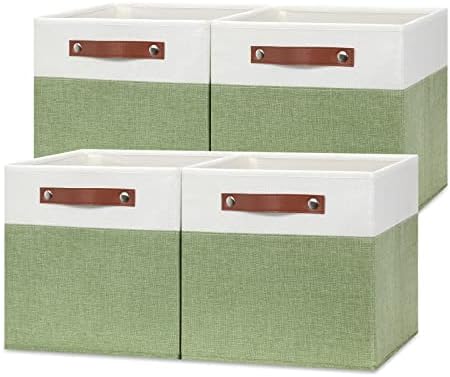 Temary 12 Inch Fabric Storage Cubes Storage Bins with Leather Handles, 4 Pack Cube Baskets Bins for Organizing Closet, Foldable Cloth Baskets for Shelves (White&Green) by TEMARY