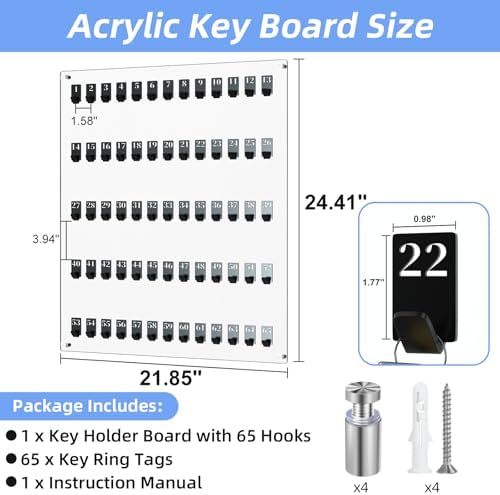65 Hooks Acrylic Key Board with Numbers, Wall Mount Key Holder Rack with 65 Tags, Key Storage Organization, Clear Hanging Board for Garage, Car Dealer, Office, Home, Hotel, Real Estate, School - Image 2