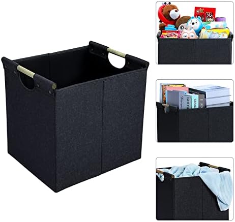 HOONEX Collapsible Storage Bins, 12x12x12in Storage Cubes Linen Fabric, 3 Pack, Storage Baskets with Wooden Carry Handles and Sturdy Heavy Cardboard, for Home, Office, Car, Nursery, Dark Grey - Image 2