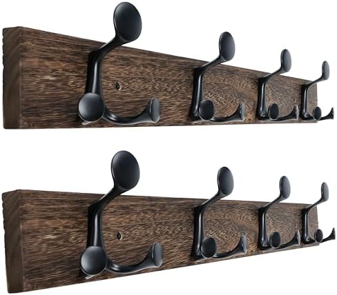 WEBI Coat Rack Wall Mount,24" Solid Wood Coat Hooks Wall Mounted Coat Hanger,16" Hole to Hole,Heavy Duty Hook Rack Rail,4 Triple Hooks for Hanging Coats,Jacket,Clothes,Hat,Weathered Brown,2 Packs by WEBI