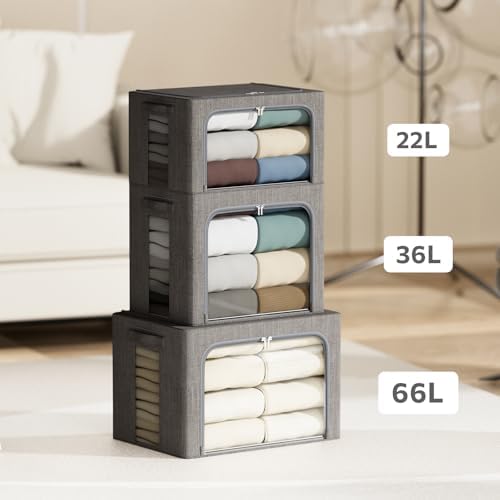 4 Pack Clothes Storage Bins with Metal Frame - 66L Stackable Storage Box with Lid，Foldable Storage Container Organizer for Clothes，Linen Fabric Storage Box with Clear Window＆Zippers＆Handles - Image 5