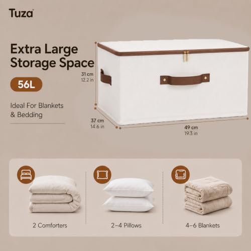 Tuza 3 Pcs Rigid Storage Bins with Zipper Lid, Cotton Linen Fabric Storage Boxes, Foldable Shelves Clothes Storage Cubes with Handles for Wardrobe, Closet(Beige, 56L) - Image 2