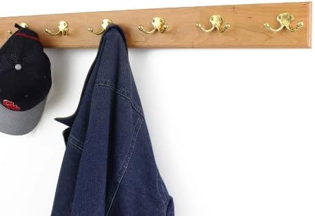 Cherry Coat Rack with Solid Brass Double Style Hooks (Natural, 30.5" x 3.5" with 6 hooks) - Image 2